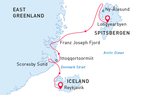 Svalbard, Greenland & Iceland map route