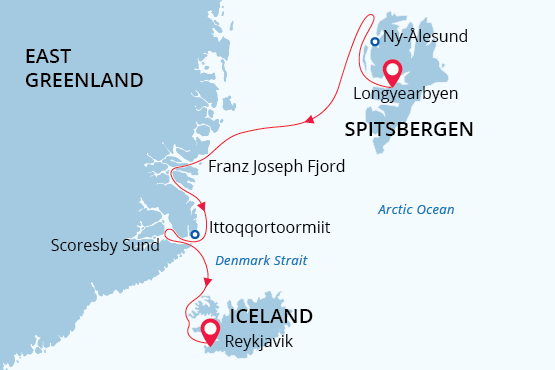 Svalbard, Greenland & Iceland map route